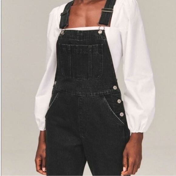 Abercrombie & Fitch Black Denim Overalls Straight Leg Crop Utility Style 90's S - Picture 4 of 16